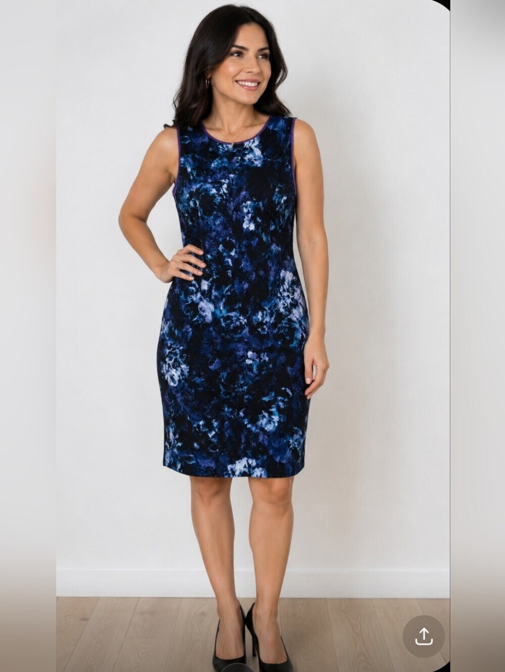 Sleeveless Navy Blue Abstract Midi Dress